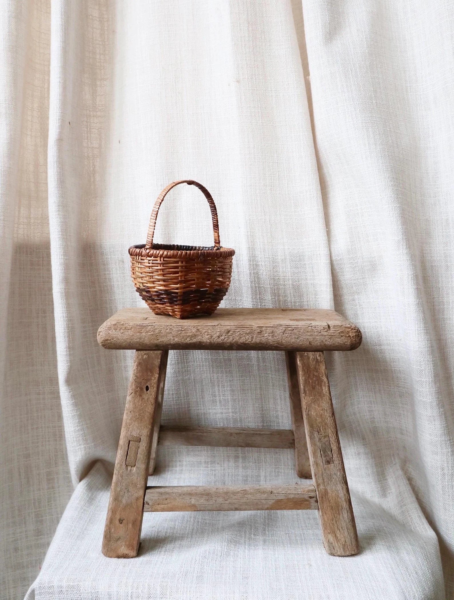 Shabby chic light cream wooden authentic milking stool