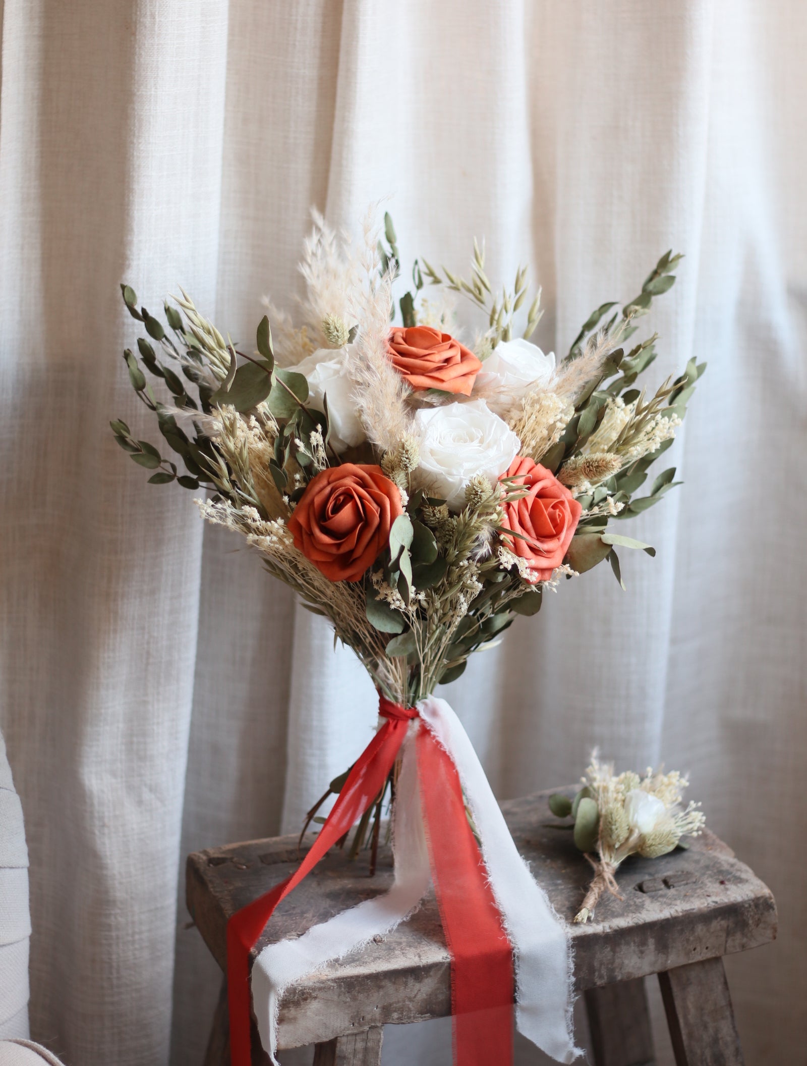 Remi Orange Rose, Eucalyptus & Pampas Wedding Bouquet