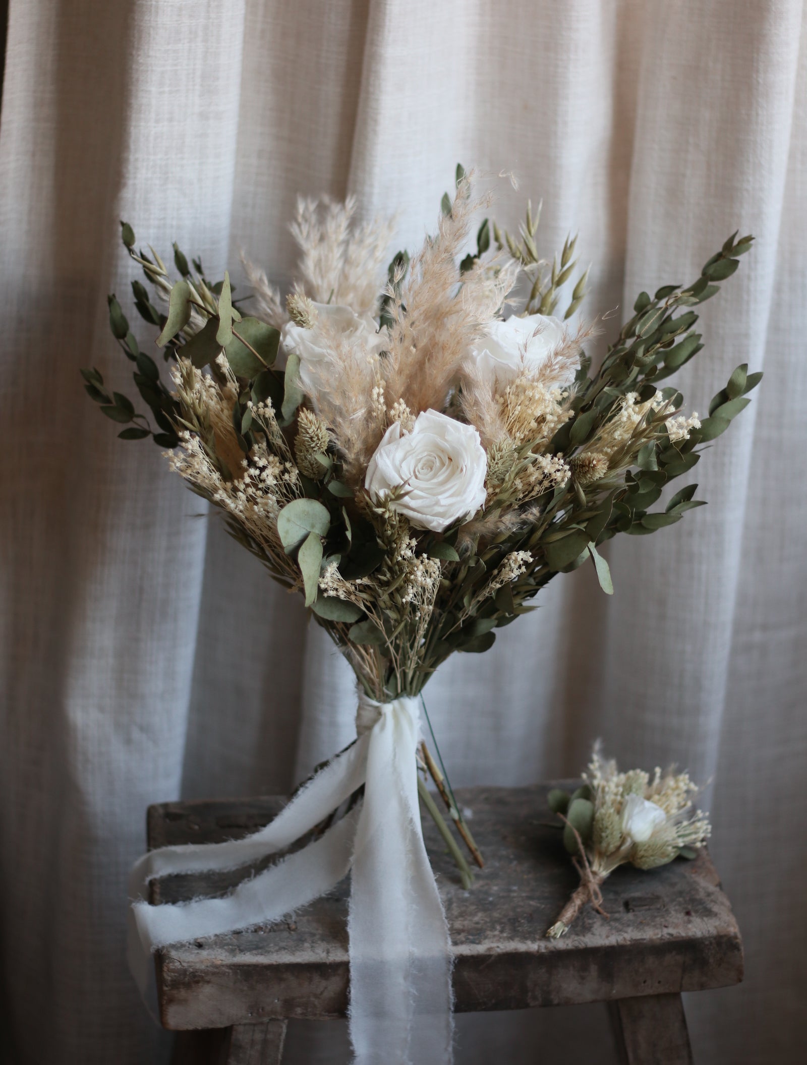 Darcy White Rose, Eucalyptus & Pampas Wedding Bouquet