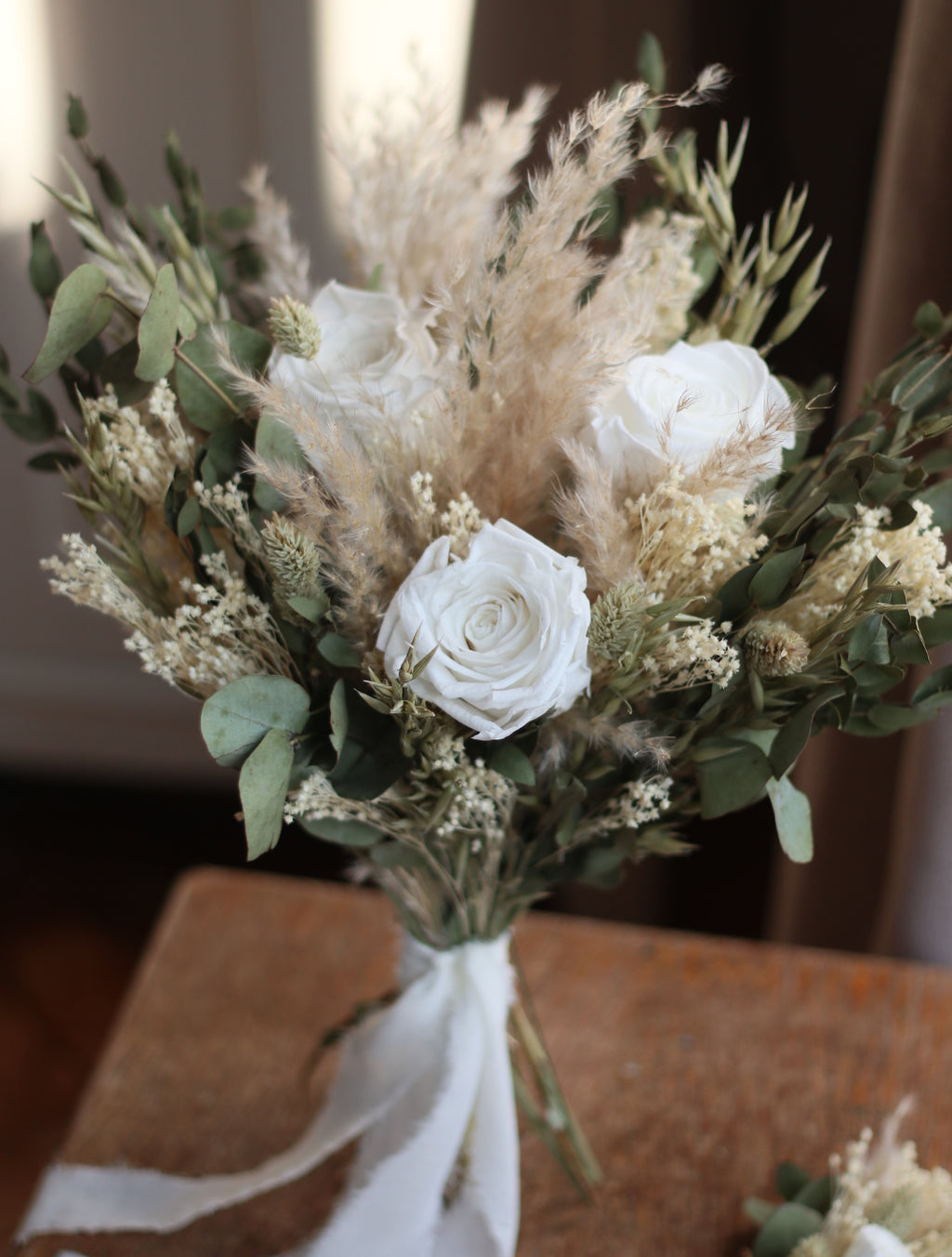 Darcy White Rose, Eucalyptus & Pampas Wedding Bouquet