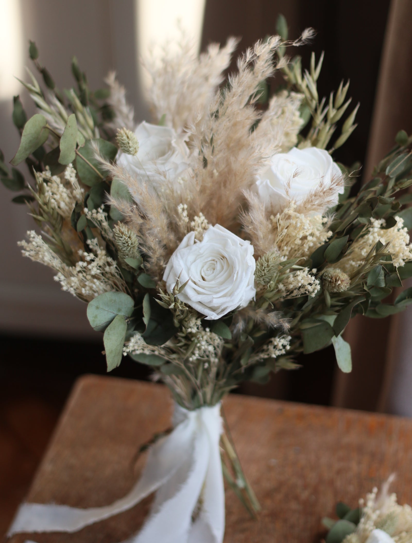 Darcy White Rose, Eucalyptus & Pampas Wedding Bouquet