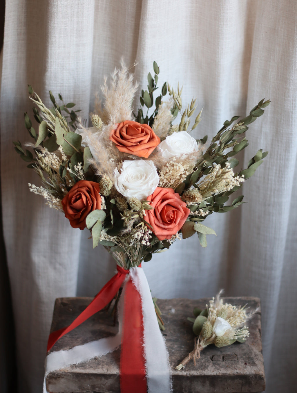 Remi Orange Rose, Eucalyptus & Pampas Wedding Bouquet