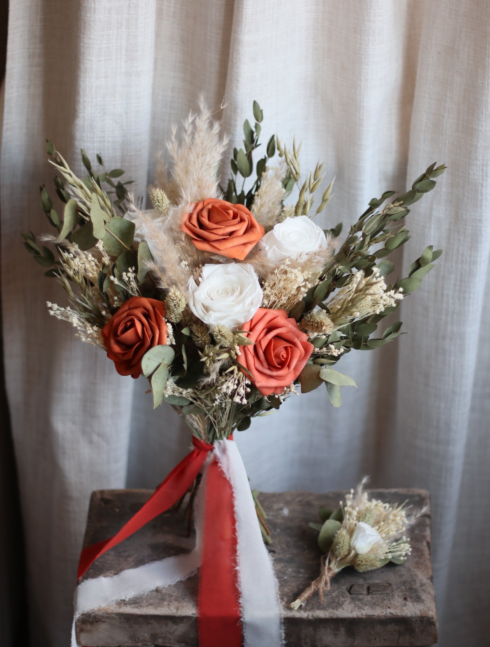 Remi Orange Rose, Eucalyptus & Pampas Wedding Bouquet