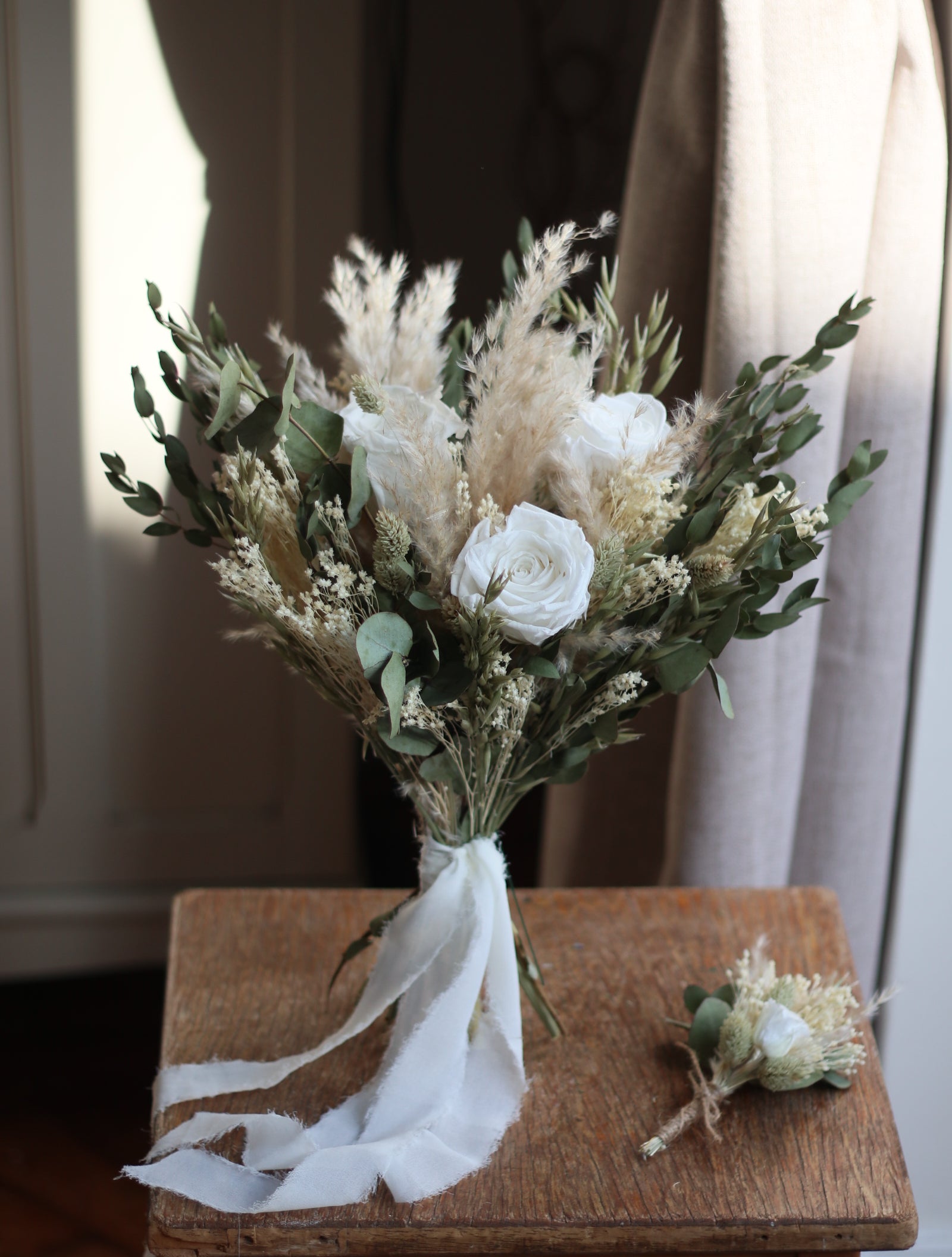 Darcy White Rose, Eucalyptus & Pampas Wedding Bouquet