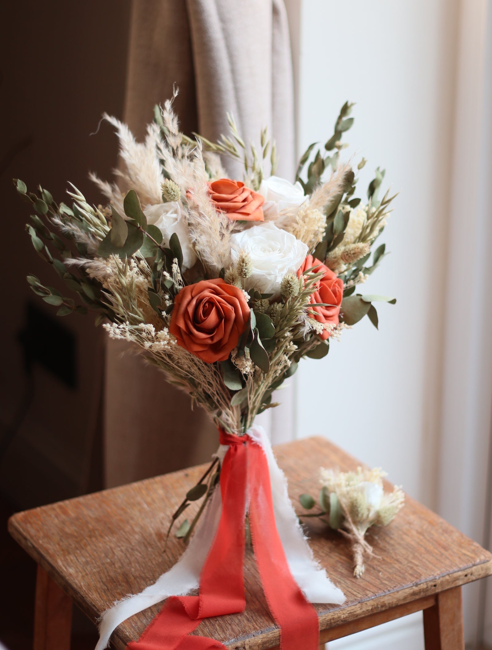 Remi Orange Rose, Eucalyptus & Pampas Wedding Bouquet