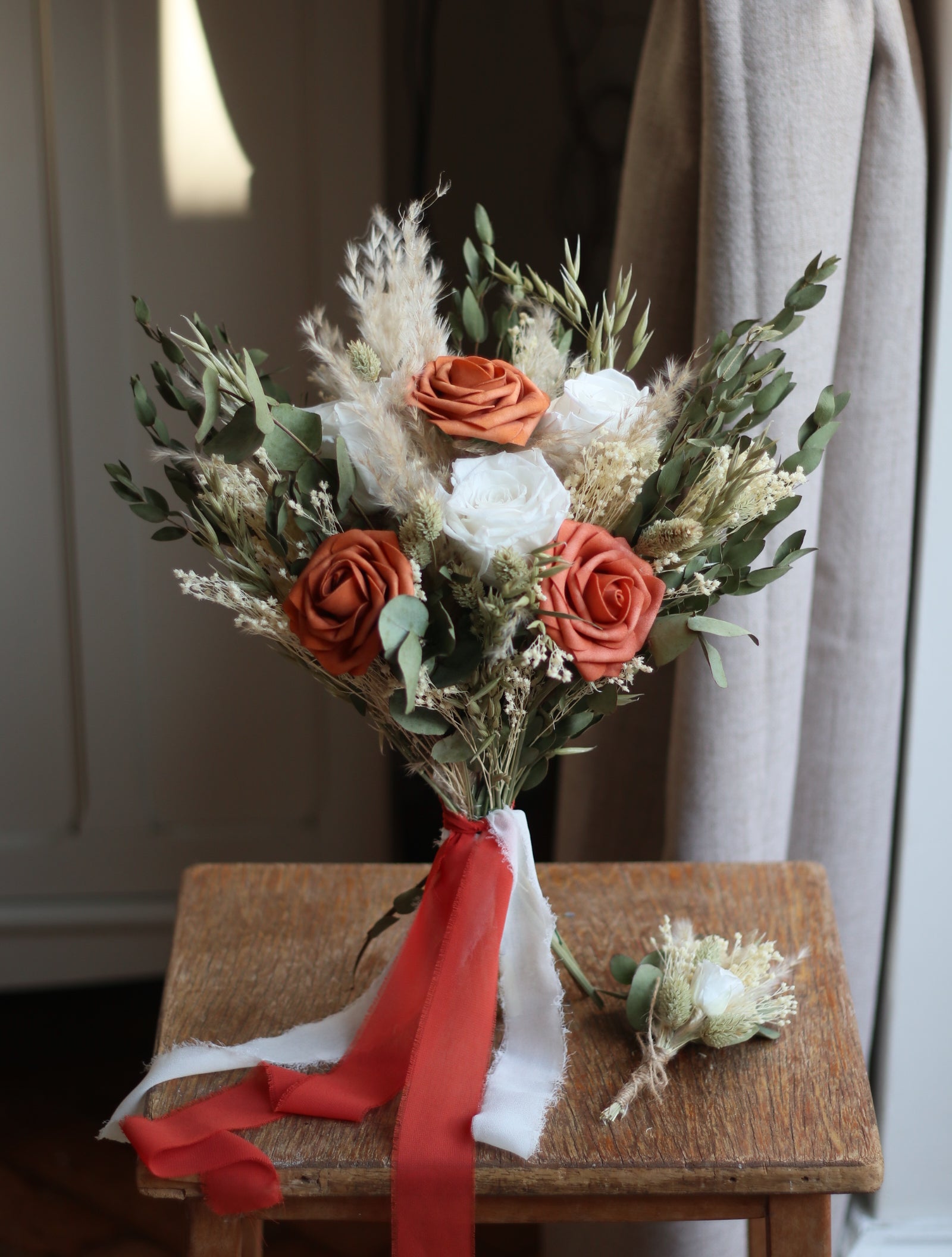 Remi Orange Rose, Eucalyptus & Pampas Wedding Bouquet