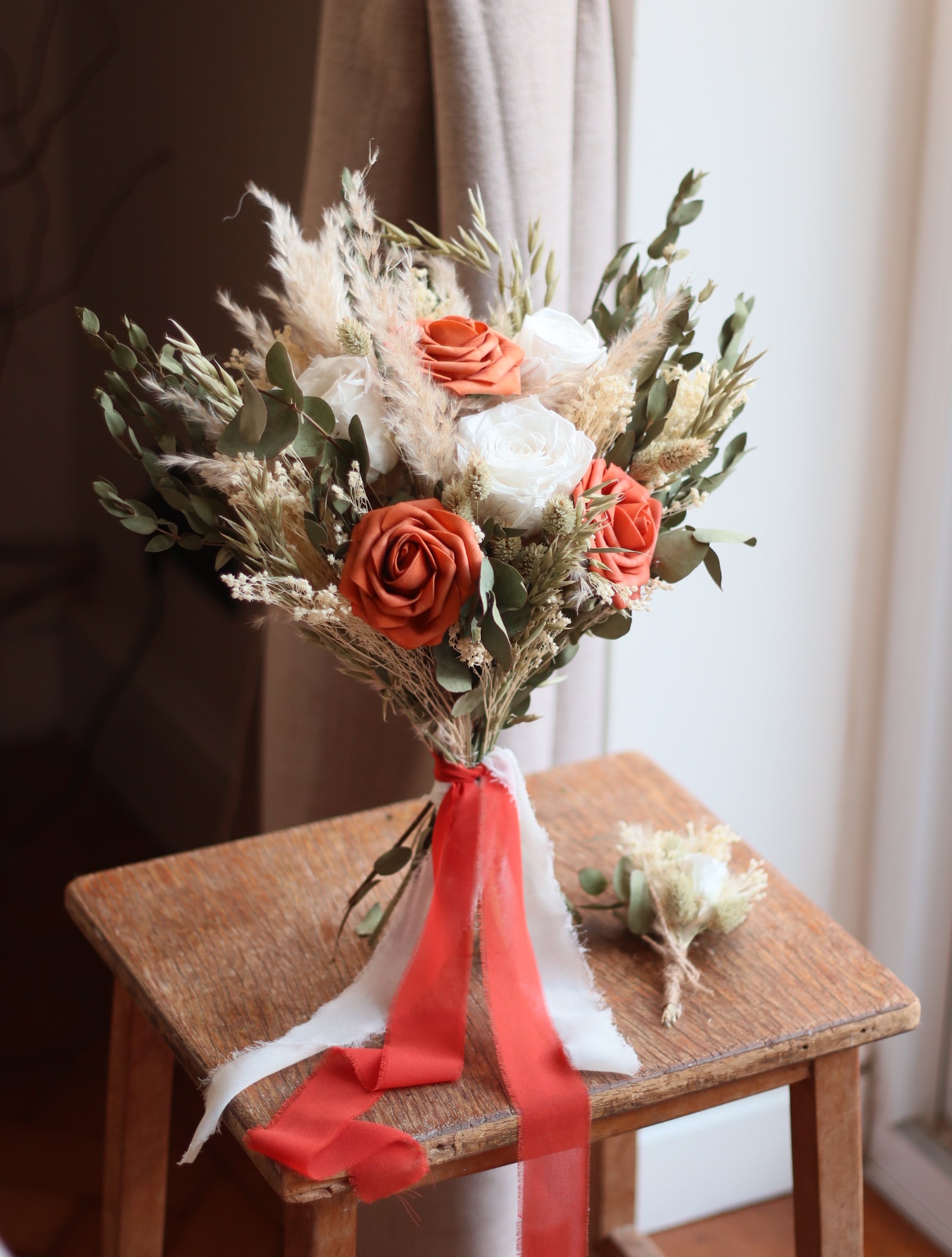 Remi Orange Rose, Eucalyptus & Pampas Wedding Bouquet