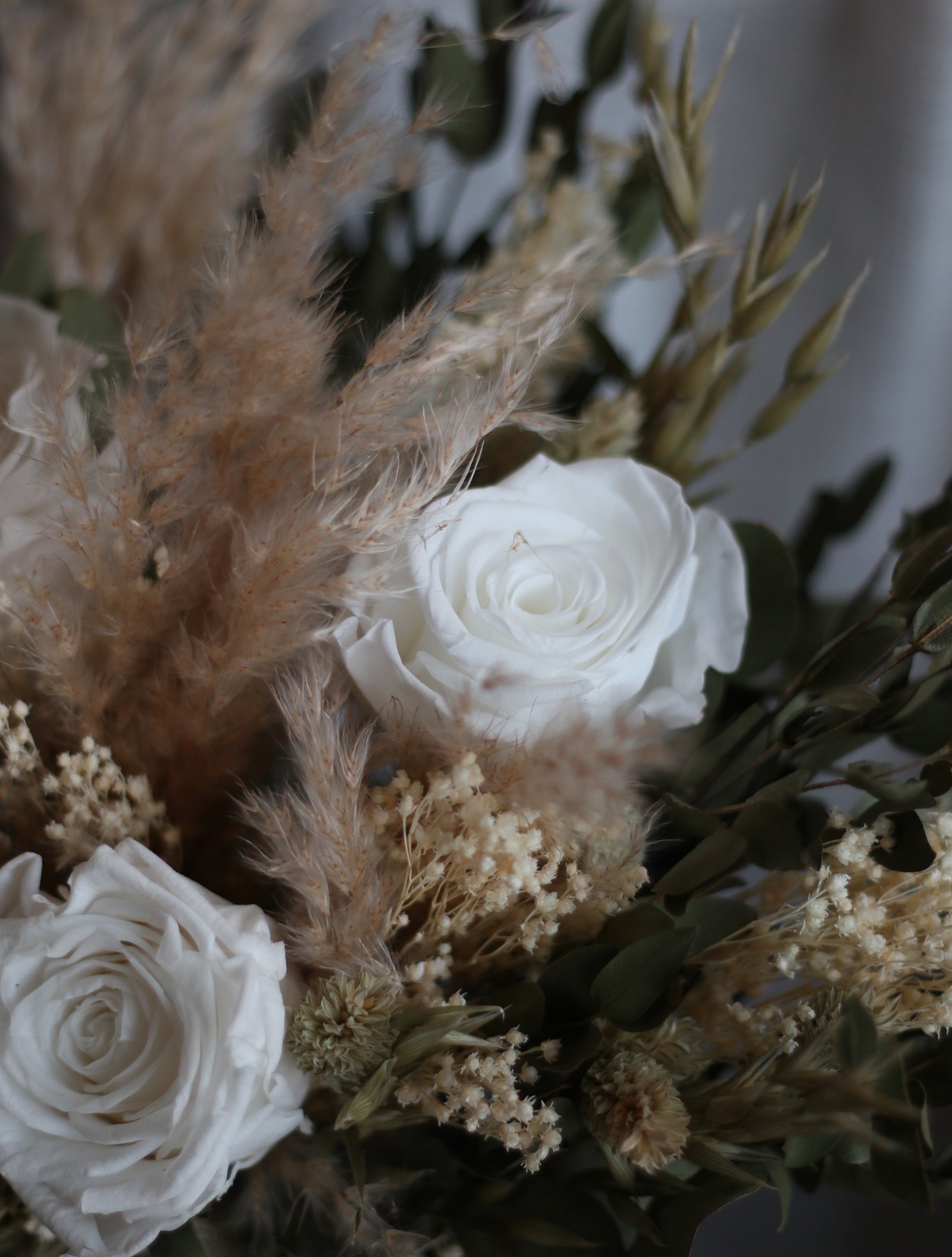Darcy White Rose, Eucalyptus & Pampas Wedding Bouquet