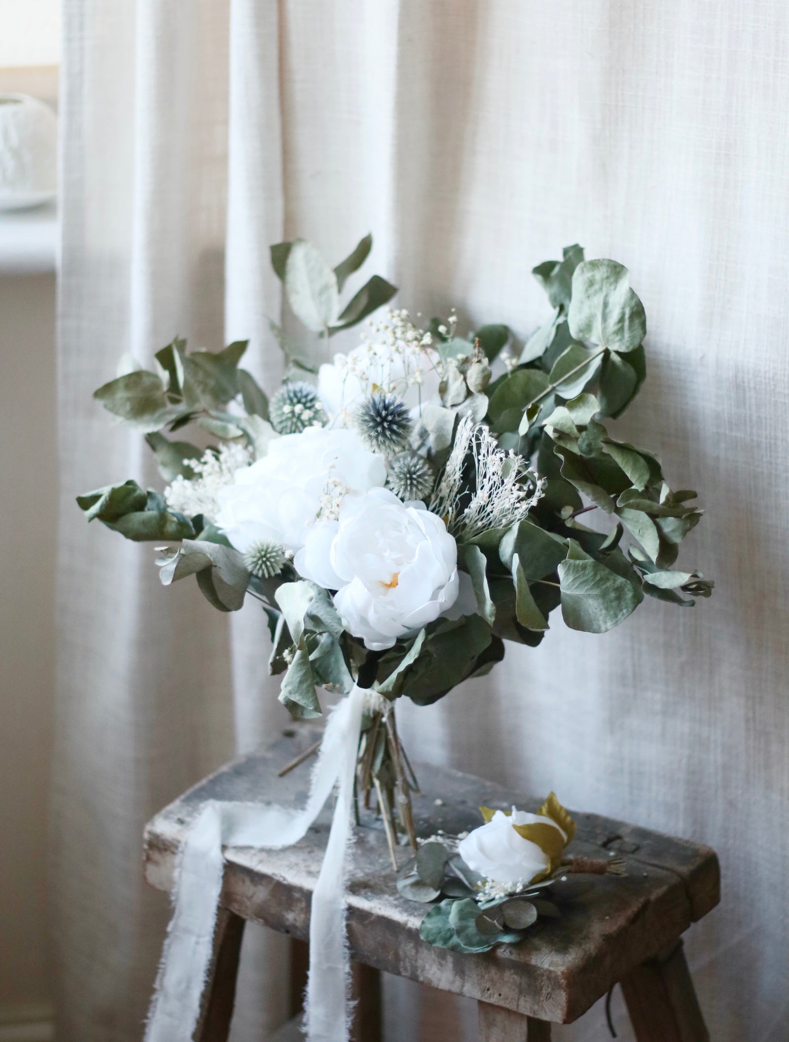 Thistle, White Peony & Green Bridal Bouquet