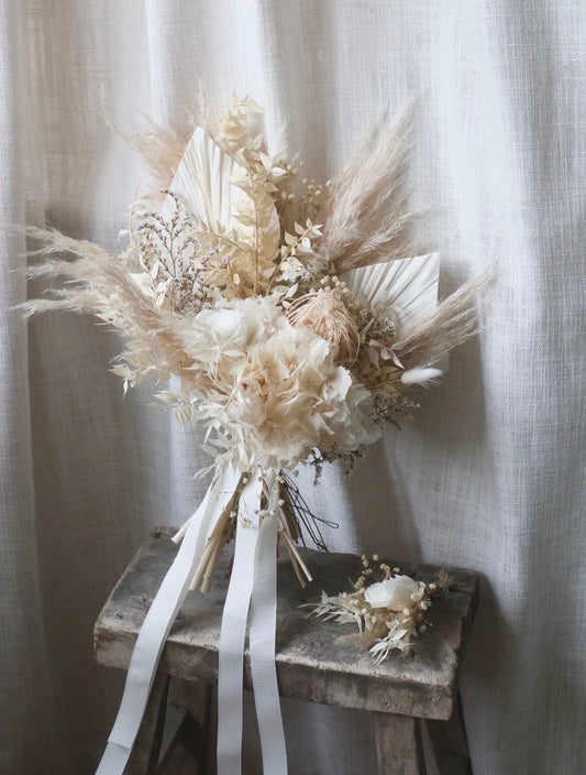 Orla | Luxury Neutral Dried Flower Wedding Bouquets With Dried Roses & White Hydrangeas